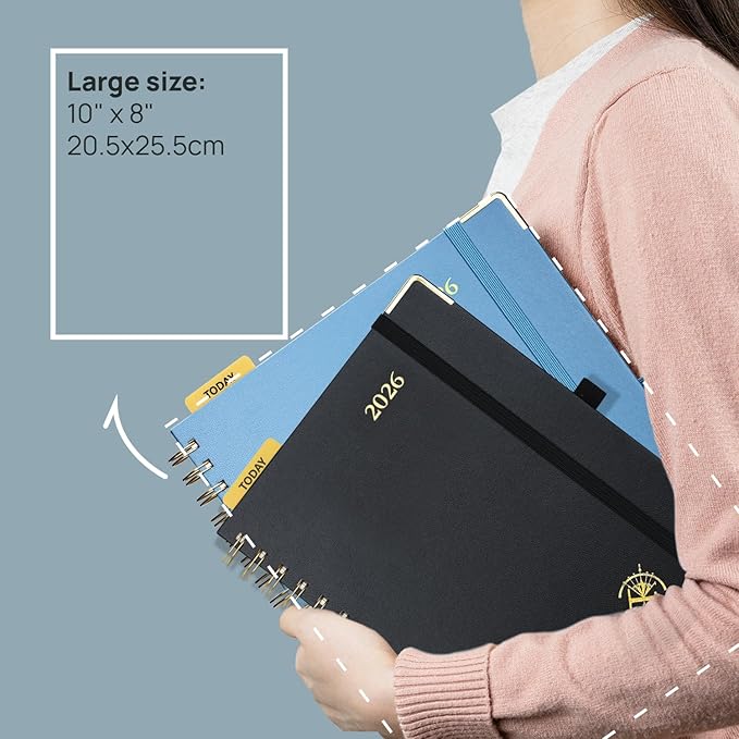 POPRUN 2026 Planner (Large Size 10'' x 8'' Wire-Bound Hard Cover) Daily Weekly and Monthly Calendar - Agenda 2026 (Jan.2026-Dec.2026) with Hourly Schedule, Monthly Tabs - Black