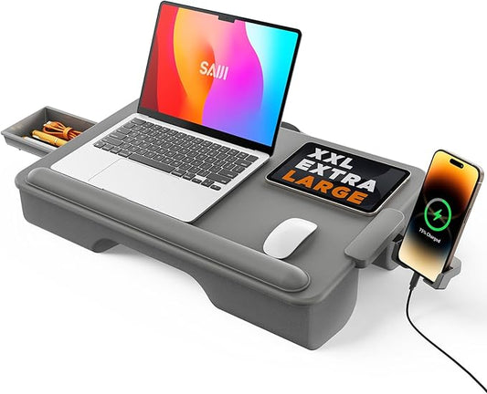 SAIJI Lap Desk with Cushion, Computer Laptop Stand, Lap Laptop Table, Built-in Drawer Storage, Phone Holder, Wrist Pad