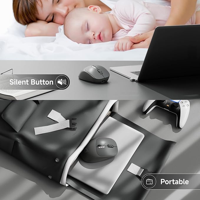 EWEADN Q5 Wireless Mouse, Bluetooth & 2.4G Quiet Computer Mouses with 1600 DPI, Battery Level Display, Ergonomic Office Mouse,6 Button Portable Cute Cordless Mice for Laptop/PC/Mac- Black