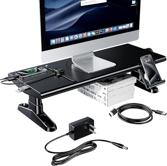 Computer Monitor Stand Riser for Desk with Usb Hub Charging,30W/5Gbps Usb C Docking Station with Power,4.5-6.3''Freely Height Adjustable with Phone Holder,Monitor Stands Riser for PC,Laptop,Printer,TV