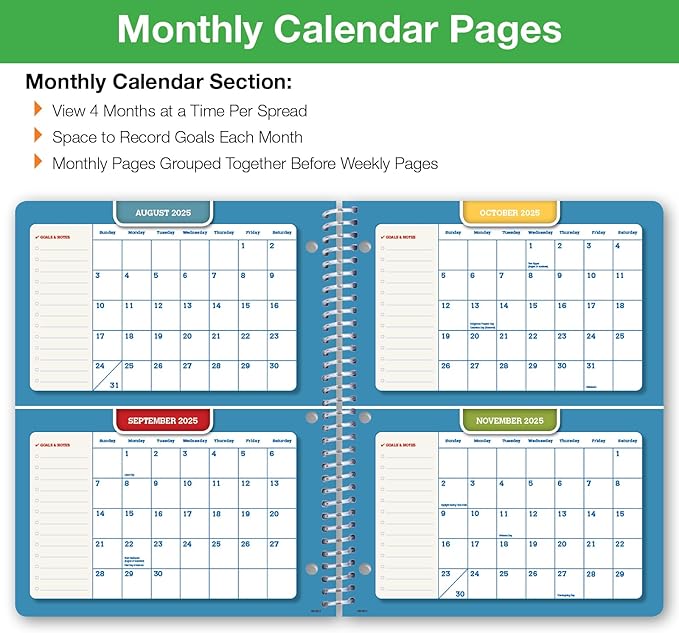 Global Datebooks Dated Middle School or High School Student Planner for Academic Year 2025-2026 Includes Ruler/Bookmark and Planning Stickers (Block Style - 8.5"x11" - Rainbow Linen)