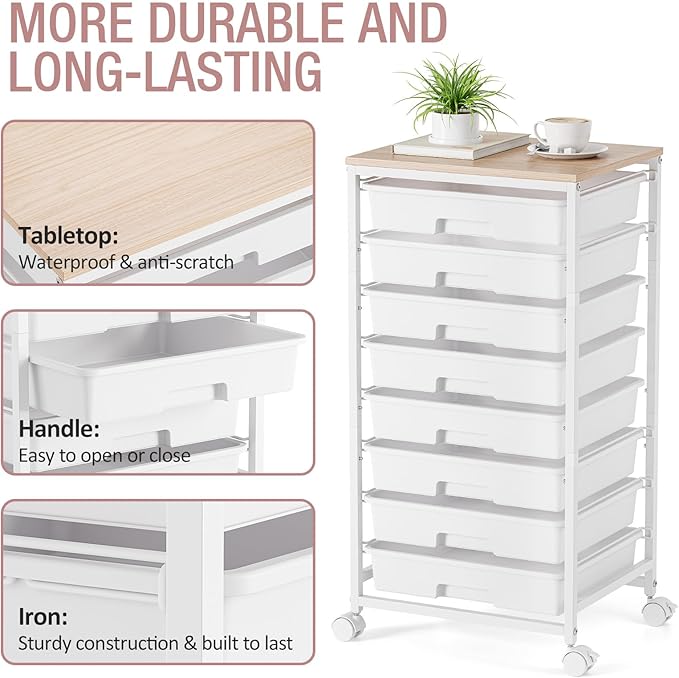 Storage Cart with 8 Drawers, Utility Cart with White Drawers and Wooden Tabletop, Craft Cart, Teacher Organization for Classroom,White