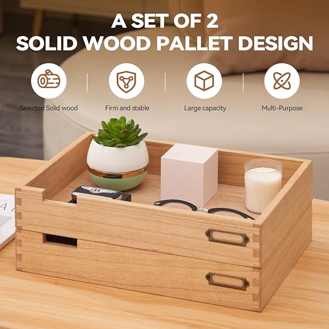 KIRIGEN Wood Desk Organizer Set of 2 Stackable Paper Tray Desktop Document Storage Wooden Letter Trays 2TTP-NA