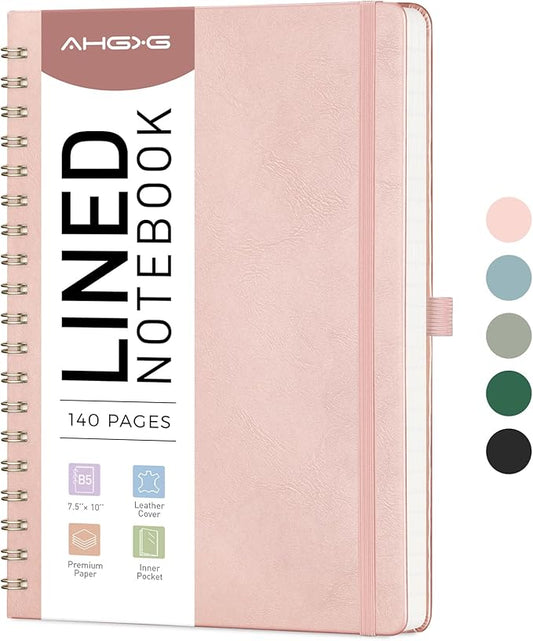 AHGXG Lined Spiral Journal Notebook, B5 Large Journals for Women Men, 140 Pages Hardcover Leather Notebook College Ruled, 100 GSM Paper, Notebooks for Work School Note Taking, 7.6" x 10", Rose Gold