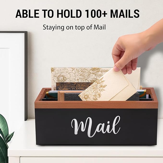 100% Real Wood Mail Organizer for Countertop, Dual-Sided Mail Script Design, Mail Holder for Office, Desk, Entryway Table, Rustic Farmhouse Style, Great Home Decor Gifts