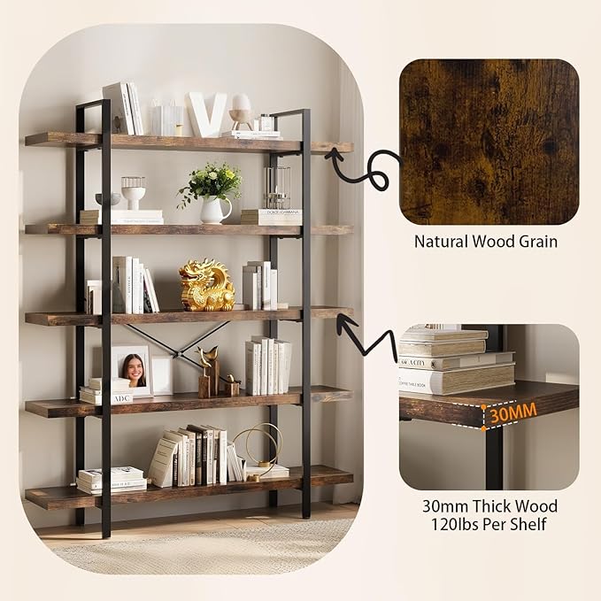 5 Tier Bookcase, 47 Inch Wide Wood Bookshelf, 120lbs Shelf Capacity, Rustic Open Shelving Industrial Display with Reinforced Horizontal Brown Shelves for Living Room Bedroom Office 2 Set