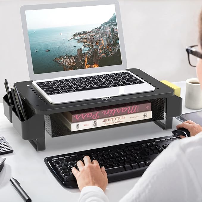 WALI Monitor Stand with Storage, Monitor Riser with Ventilation Drawer and Side Storage, Laptop Stand Riser for Desk, Printer Stands, (STT007), Black