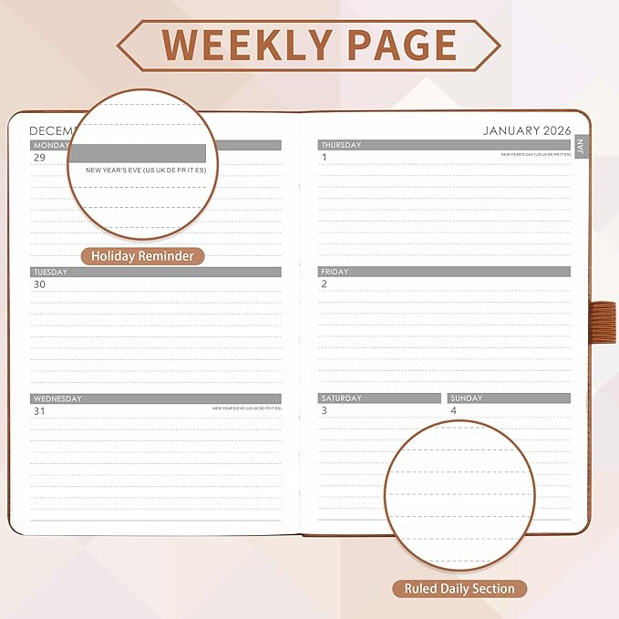 2026 Planner - Planner 2026, 2026 Weekly Monthly Planner, Jan.2026 - Dec.2026, 5.7'' x 8.4'', Thick Paper, Leather Cover, Pen Holder, Back Pocket, Bookmarks, Perfect Daily Organizer - Brown