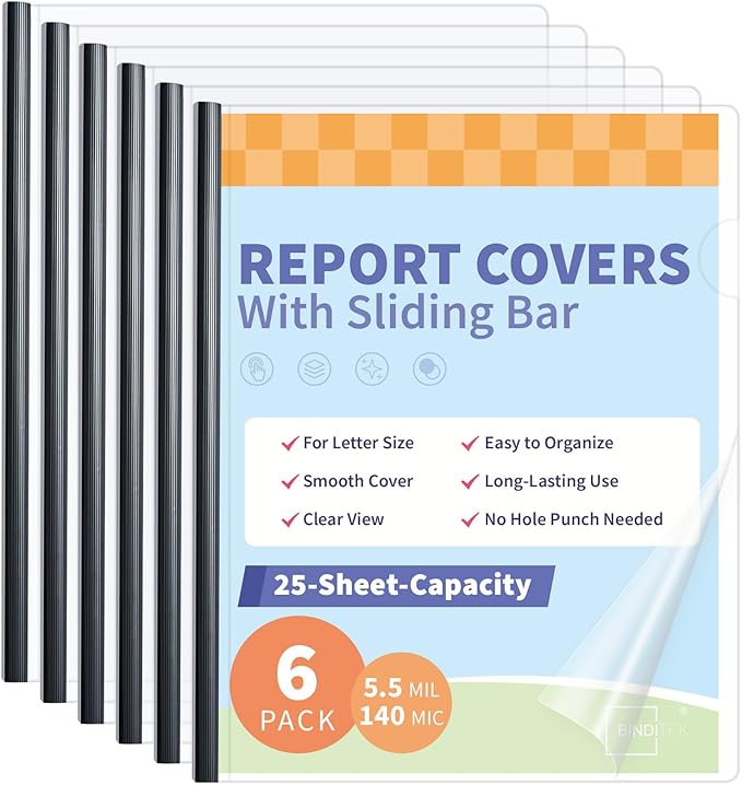 Binditek 6 Pack Clear Report Covers with Sliding Bars, 25 Sheet Capacity, 5mm Binding Bars, Letter Size, 5.5 Mil Thick, Black, for Students and Coworkers