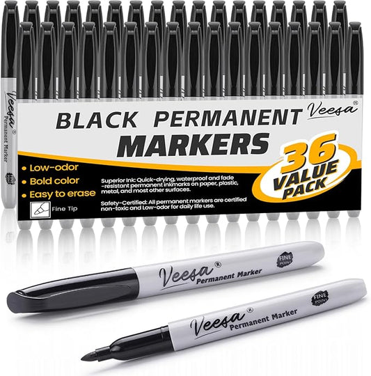 VEESA Permanent Markers - Fine Tip, 36 Pack Black Permanent Marker Pens for Office, School & Home, Waterproof, Smear-Proof, Quick-Drying