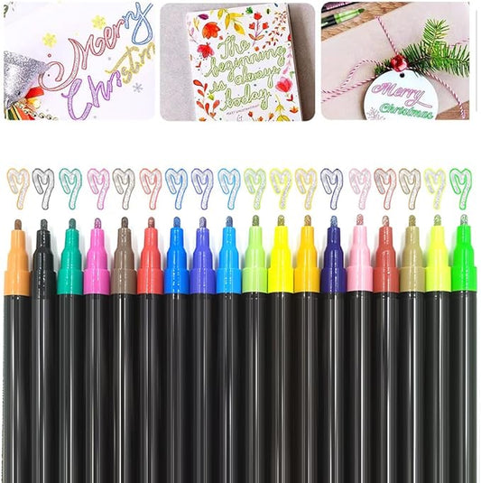 Marker Pen for Highlight, 2026 New Double Line Outline Markers, Metallic Shimmer Glitter Pens Set, Art Supplies for Christmas Greeting Cards, Scrapbook Crafts, Doodling, DIY Art Crafts (18 Colors)