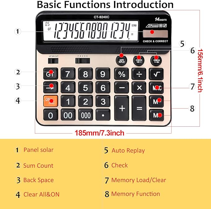 Large Button Calculator,Philley Large LCD Display 14 Digits Desktop Check&Correct Electronic Calculator(CT-9240C)