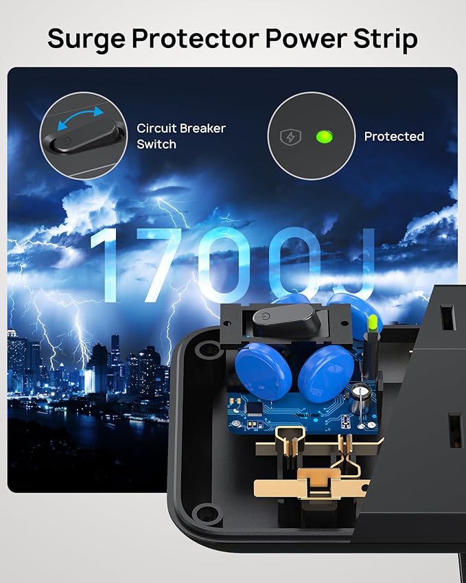 TROND Desk Clamp Power Strip - 1700J Surge Protector with 7 Outlets, Desktop Edge Mount Extension Cord, Fit 1.97" Tabletop, 10FT Flat Plug for Teacher Must Haves, Office, ETL List, Black