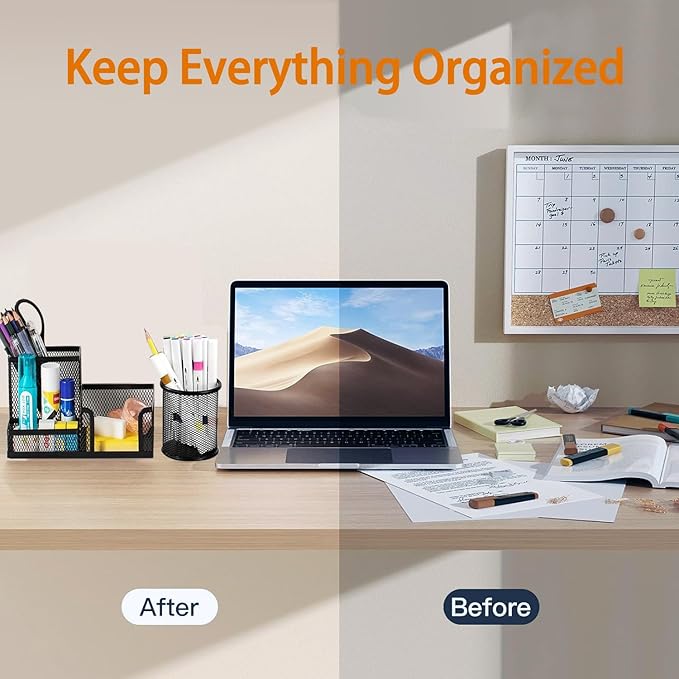 Desk Organizers and Accessories Set, Mesh Pen Holder,Office School Home Desktop Supplies for Clip Phone Sticky Notes,Mail, Caddy Storage Baskets(Black,5 Piece Set)