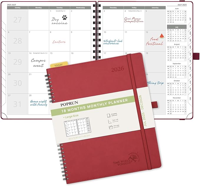 POPRUN Monthly Planner 2025-2026 Spiral Bound (8.5'' x 10.5'') 18 Months Calendar (Jul 2025 - Dec 2026) - 4 Pages per Month with Monthly Expense & Notes, Sunday Start, Leather Cover - Burgundy