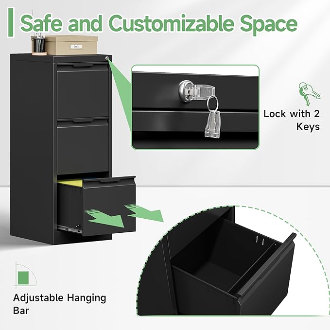 3-Drawer File Cabinet with Lock,Metal Vertical Filing Cabinets for Home Office,Under Desk File Cabinets for Letter/Legal/A4 Size Files,Easy Assemble,Black