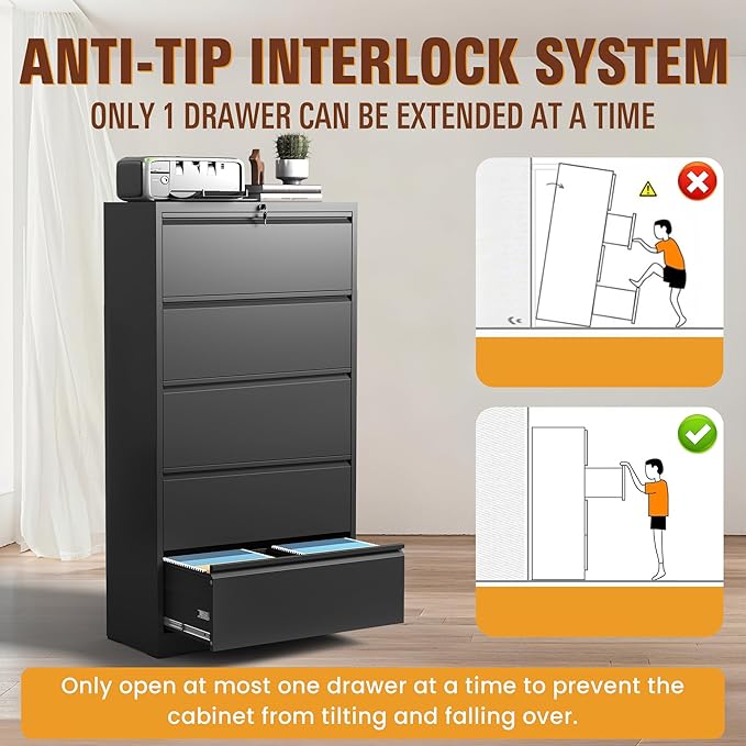 5-Drawer Lateral File Cabinet with Lock, Black Metal Filing Cabinet for Office or Home – Secure Storage for Letter/Legal/A4/F4 Documents, Easy to Assemble Locking File Organizer (Black, 5 Drawer-64"H)