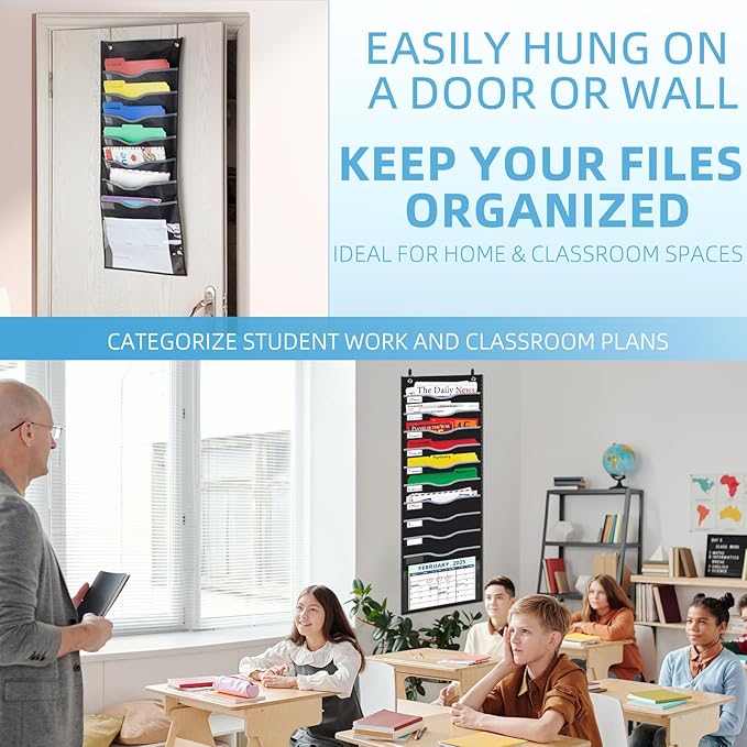 11 Pockets Hanging Wall File Organizer 15" Extra Wide Pocket Chart for Classroom, Office, Home, Mail Organizer Wall Mounted with 1 Writable Clear Pocket, 5 Wall/Door Hooks & 12 Labels (Black)