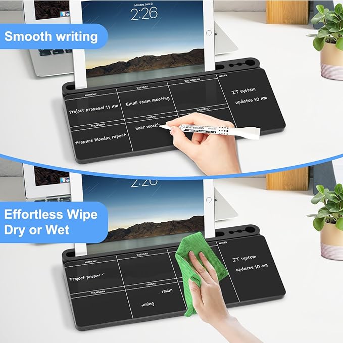 Desktop Glass Whiteboard with Storage, Weekly Calendar Desk Dry Erase White Board, Desk Organizers and Accessories, Weekly Planner Board for List, Planning, Memo, Note, Office, Home, College, School