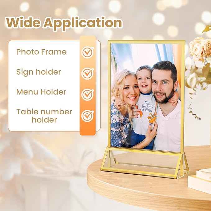 Acrylic Sign Holder 4X6 Gold Picture Frame Double-Sided Acrylic Frames for Wedding Table Numbers Photo Frames Flyers Menu with Removable Sticky Dots-6 Pack