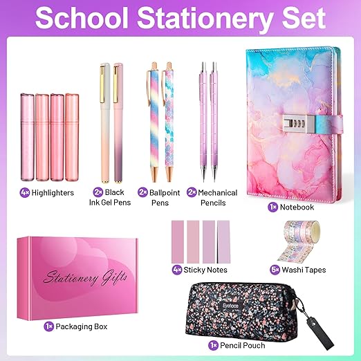 24 PCS Aesthetic School Supplies with Password Lock Notebook, Pen Case, Mechanical Pencils, Black Ink Gel Pens, Highlighters, Ballpoint Pens, Sticky Notes, Washi Tapes, Cute Stationery Essentials Set