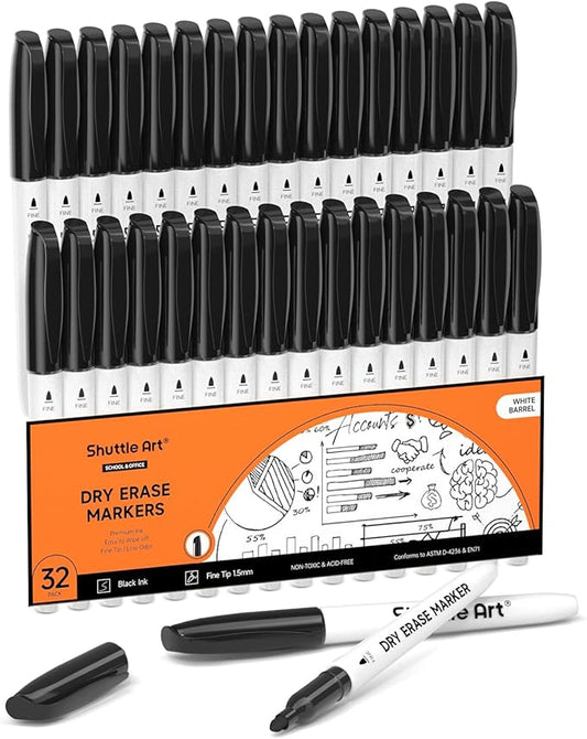 Shuttle Art Dry Erase Markers, 32 Pack Black Whiteboard Markers,Fine Tip Dry Erase Markers for Kids,Perfect for Writing on Whiteboards, Dry-Erase Boards,Mirror,Calender,School Office Supplies