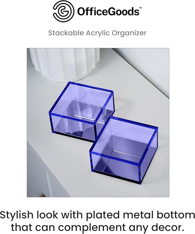 OfficeGoods 3-Tier Stackable Acrylic Holder- Stylish Desk Organizer and Storage for Office or Home – Transparent Square Design, Blue with Silver Metal Base