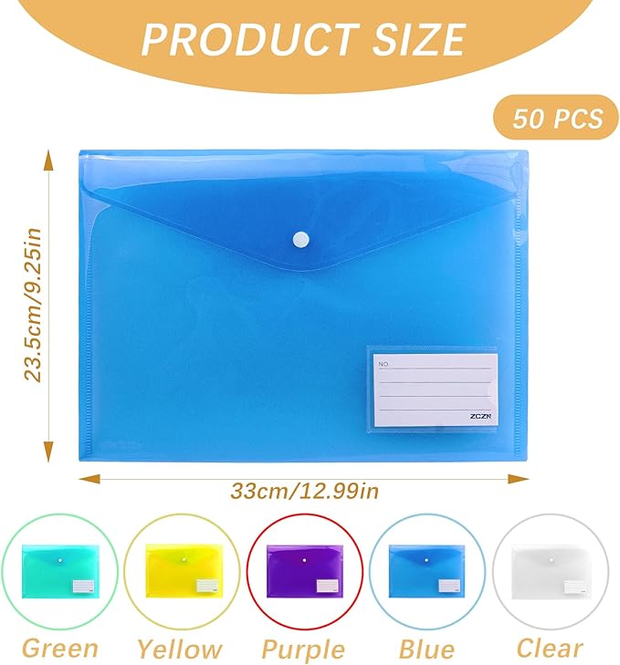Plastic File Folders, 50 PCS Plastic Envelopes with Snap Closure, Folders for Documents, A4 Letter Size Clear Folders, File Bags, Reusable Document Pouch