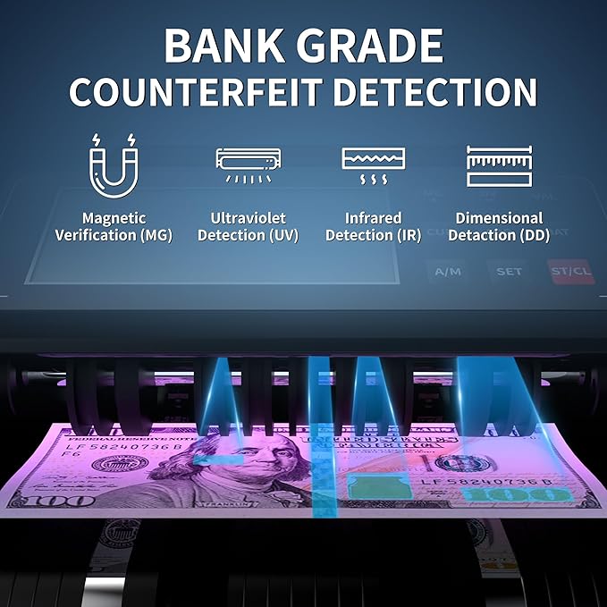 PONNOR Money Counter Machine with Value Count, UV/MG/IR/MT/DD Counterfeit Bill Detection, Dollar Euro Cash Counter with Count/Add/Batch/Auto Modes, External LCD Display