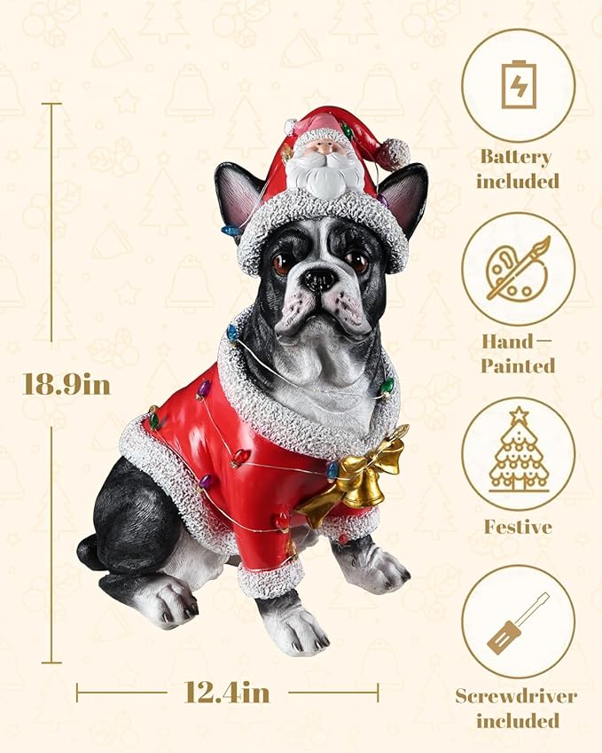 Christmas Outdoor Decoration Dog Statue, LED Light Cute French Bulldog Sculpture with Santa Outfit & Lights for Garden and Yard, Indoor Holiday Décor Gift for mom and dad