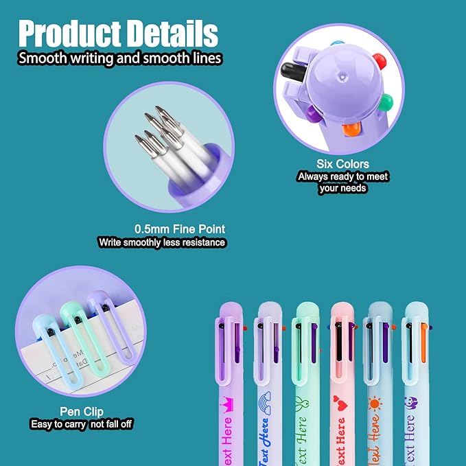 Custom 6-In-1 Multicolor Ballpoint Pen 0.5mm Tip Personalized Pens with Text Logo Name Printed Customized Pens Gift for Businesses School Office Employee Exhibition, 7PCS