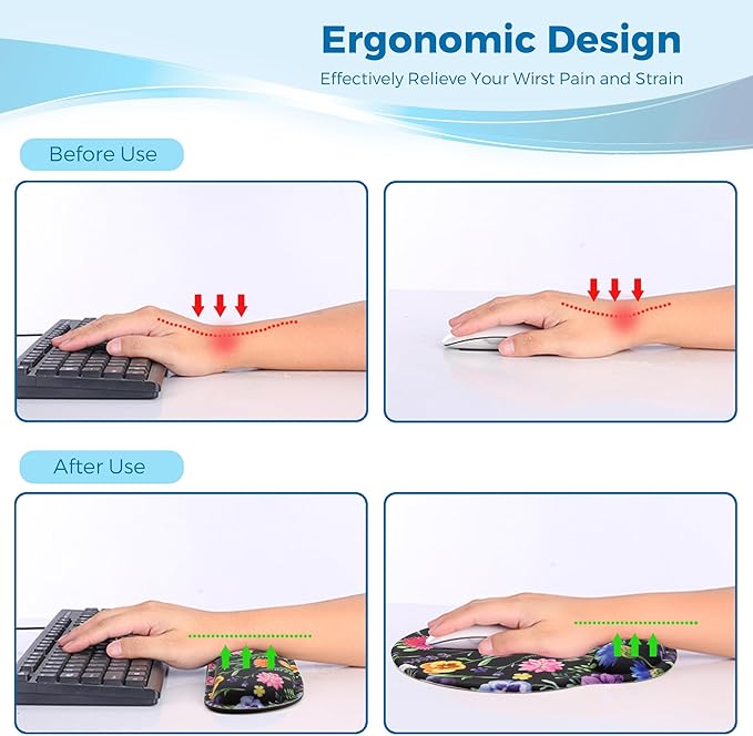 Mouse Pad and Keyboard Wrist Rest Support, with Non-Slip PU Base,Gel Mouse Pad with Coaster,Pain Relief for Gaming, Computer,Office -Floral Background