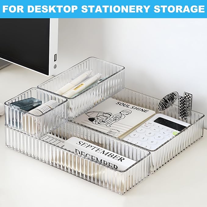 HOTOOLME 14PCS Clear Drawer Organizers Bins, 4 Size Clear Makeup Drawer Organizer, Stackable Vanity Drawer Organiser Trays, Bathroom Drawer Storage for Cosmetics, Office Supply