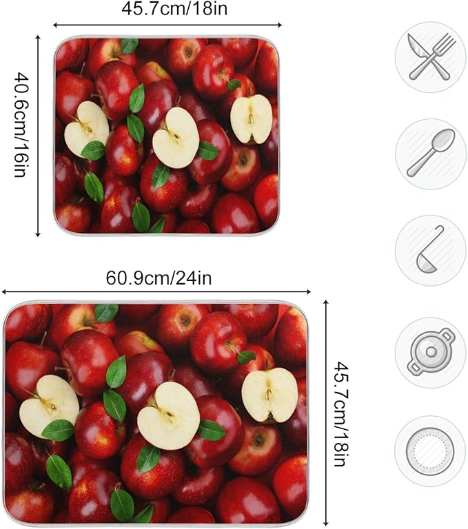 Leaves Red Apples Dish Drying Mat 16 X 18 Inch Natural Fresh Fruits Dry Dishes Pads Tableware Mats Absorbent Microfiber Protector for Kitchen Countertops Counter Home Decorations
