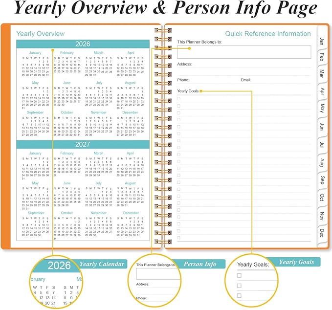 2026 Planner - Planner 2026 from January 2026 - December 2026, Weekly & Monthly Planner Spiral Bound with 12 Monthly Tabs, Inner Pocket, 6.4" x 8.5", Orange-E