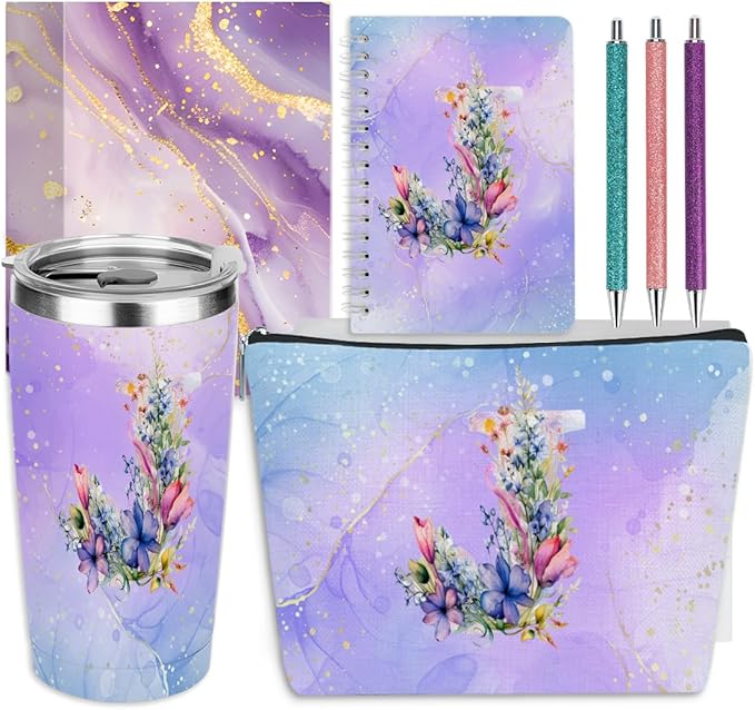 Personalized Gifts Monogrammed Birthday Gifts for Women, Maid of Honor Bachelorette Wedding Christmas Initial 20 oz Tumbler, Makeup Bag Cup Pens Journal Notebook 6 Set, (Aesthetic Purple Flower J)