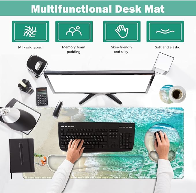 ARTSO Large Mouse Pad Ergonomic Keyboard Wrist Rest Support Combo, Non-Slip Memory Foam Gel Extended Desk Mat Protector, Ocean Beach Sunbathing
