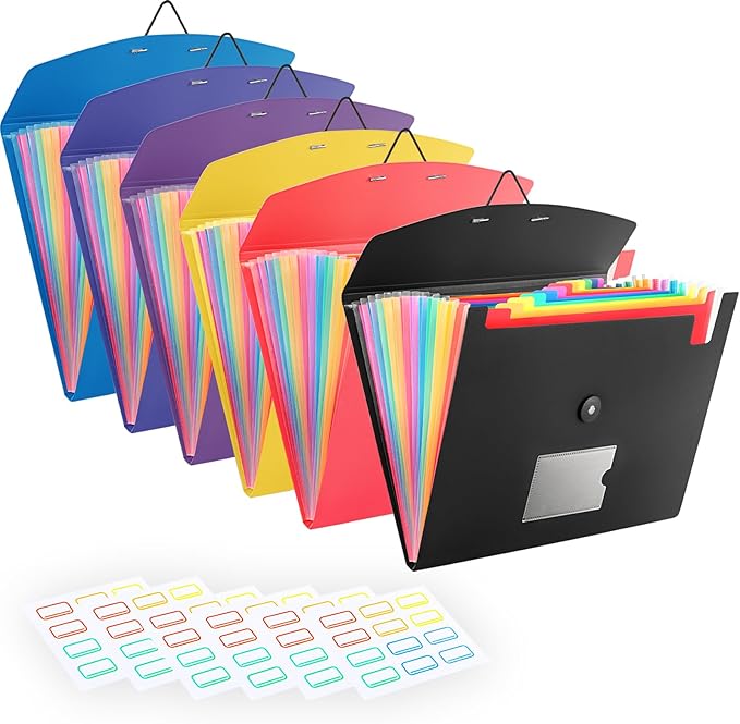 6 Pack Accordion File Organizer with Labels, 13 Pocket Expanding File Folder for Letter Size A4 Papers, Ideal for Home, Office Supplies, College Essentials