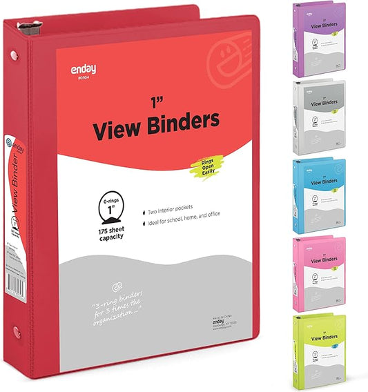 1 Inch 3 Ring Binder 1” Binder Red Clear View Cover with 2 Inside Pockets, Colored School Supplies Office and Home Binders – by Enday