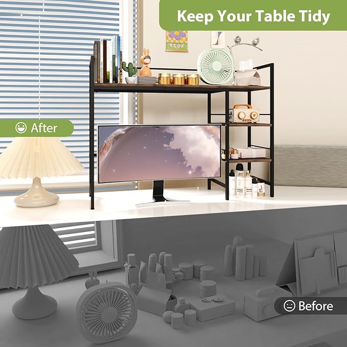 Desk Shelf, 38.5 Inch Desk Hutch for Computer Monitor, Computer Desktop Bookshelf Storage Rack Adjustable Desk Hutch Top Only, 3 Tier Desk Organizer Shelf for Office Home, Rustic