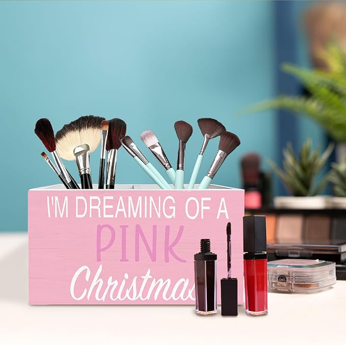 Pink Christmas Pen Holder for Desk, I'm Dreaming of a Pink Christmas Wooden Box Sign Desk Decor for Girls Bedroom Home Office Decoration, Preppy Xmas Pencil Organizer