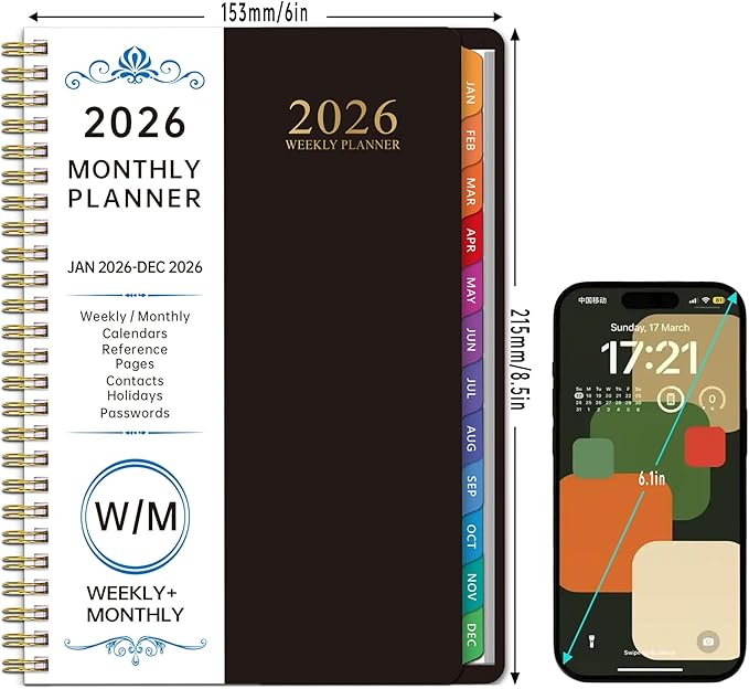 2026 Planner Weekly and Monthly, 2026 Academic Year (January 2026 - December 2026) Calendar wirh Tabs, Agenda Book for School Student, Teachers, Office Supplies,Home, 6" x 8.5" (Black JAN2026-DEC2026)