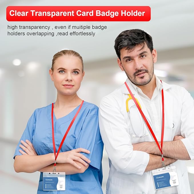 100 Pack Lanyards for ID Badges with Clear Name Tags, Reusable Lanyards Horizontal ID Card Badge Holders Plastic Name Badges for Men Women Kids Business School and Office Supplies (Red)