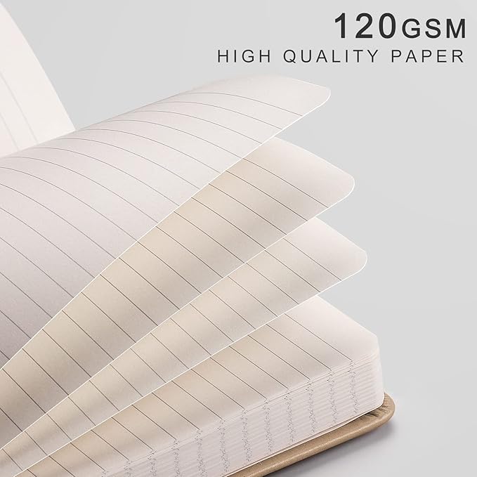 EMSHOI Lined Journaling Notebook - 120gsm Leather Journal with Sticky Notes & 256 Numbered Pages, A5 Hardcover College Ruled Notebook for Work, School, Writing, 5.75”x8.38” - Khaki