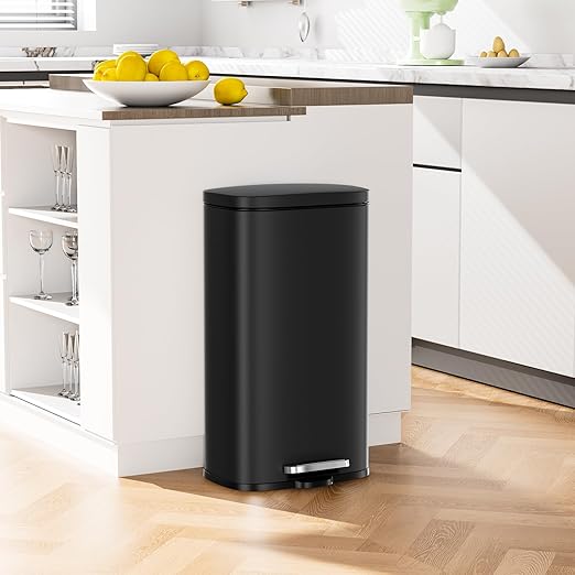 Arlopu 13.2+1.3 Gallon Step Trash Can, Stainless Steel Garbage Bin, Soft-Close Rubbish Bin with Removable Plastic Inner Bucket, Fingerprint-Proof, Lid Dustbin, for Kitchen Home (Black)