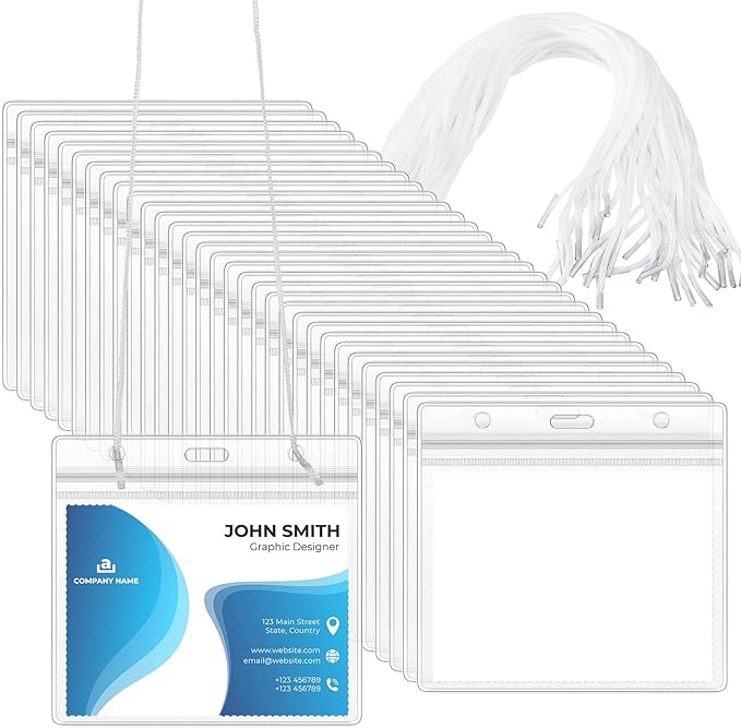 Eaasty 100 Pack Neck Hang Badge Holder with Labels, Clear Hanging Lanyard Style Name Badges Waterproof Name Tag Holders with Lanyard for Meeting Seminar Show Event and Conference