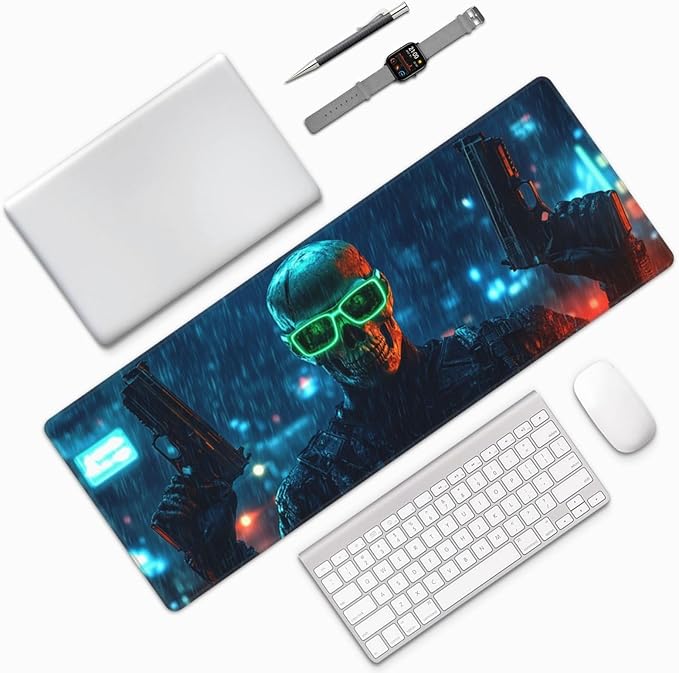 Rain Skull Mouse Pad 31.5 X 11.8 Inch Big Desk Rubber Base Stitched Edges Keyboard Pad XXL Mouse Mat for Home Game and Office