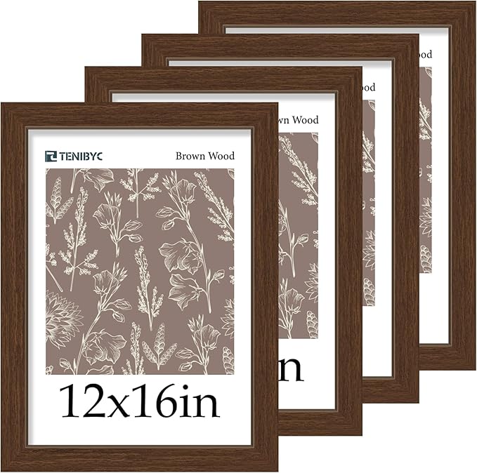 12x16 Picture Frame 4 Pack - Brown, Natural Wood Grain, HD Tempered Glass, 12 x 16 Photo Frame for Wall