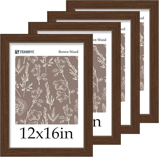 12x16 Picture Frame 4 Pack - Brown, Natural Wood Grain, HD Tempered Glass, 12 x 16 Photo Frame for Wall