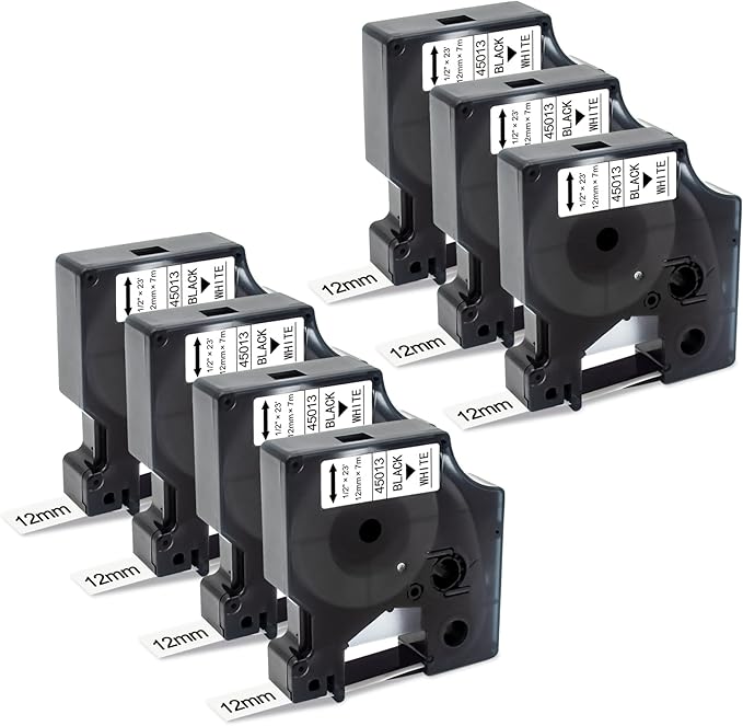 BOYEEZON 7Pk Compatible for DYMO D1 Label Maker Refill 45013 Label Tape 12mm, Black on White,1/2 Inch x 23Ft S0720530 1/2 Inch D1 Tape for Dymo LabelManager 160 210D 260P 280 360D 420P PnP Label Maker